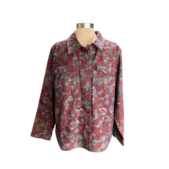 CJ Banks Wine Green Leaf Print Denim Jacket Plus Size 1X Fall Winter Casual - Picture 1 of 9